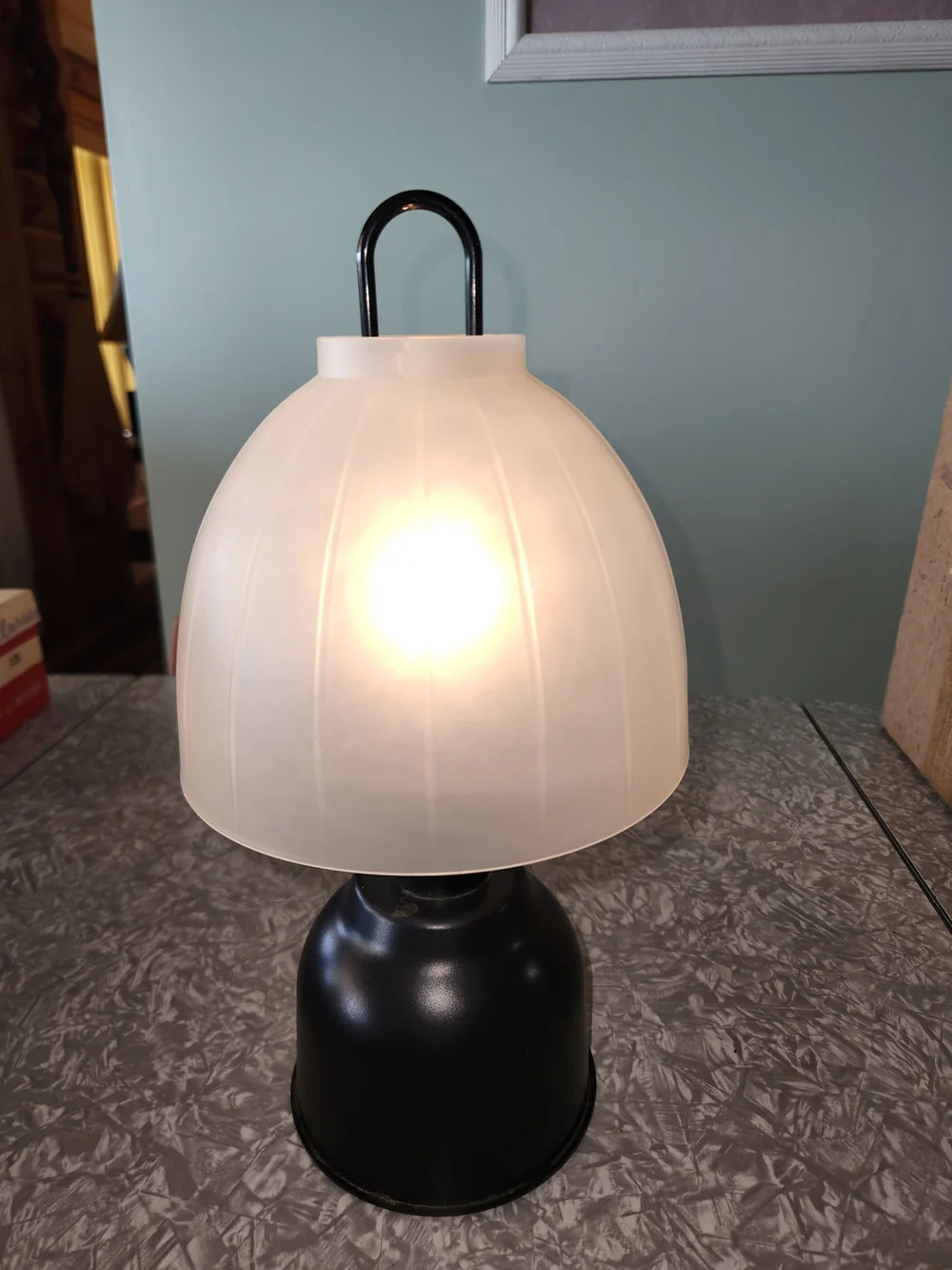 Black Lantern Table Light with Frosted White Shade